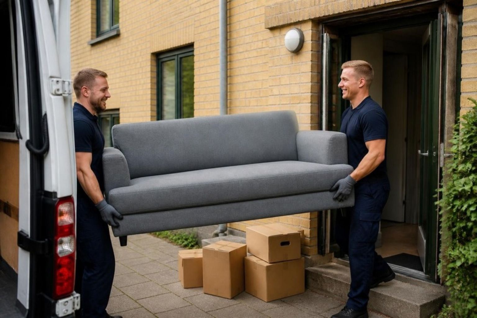 To flyttemænd bærer en sofa ud af en gul muret opgang til flyttebilen
