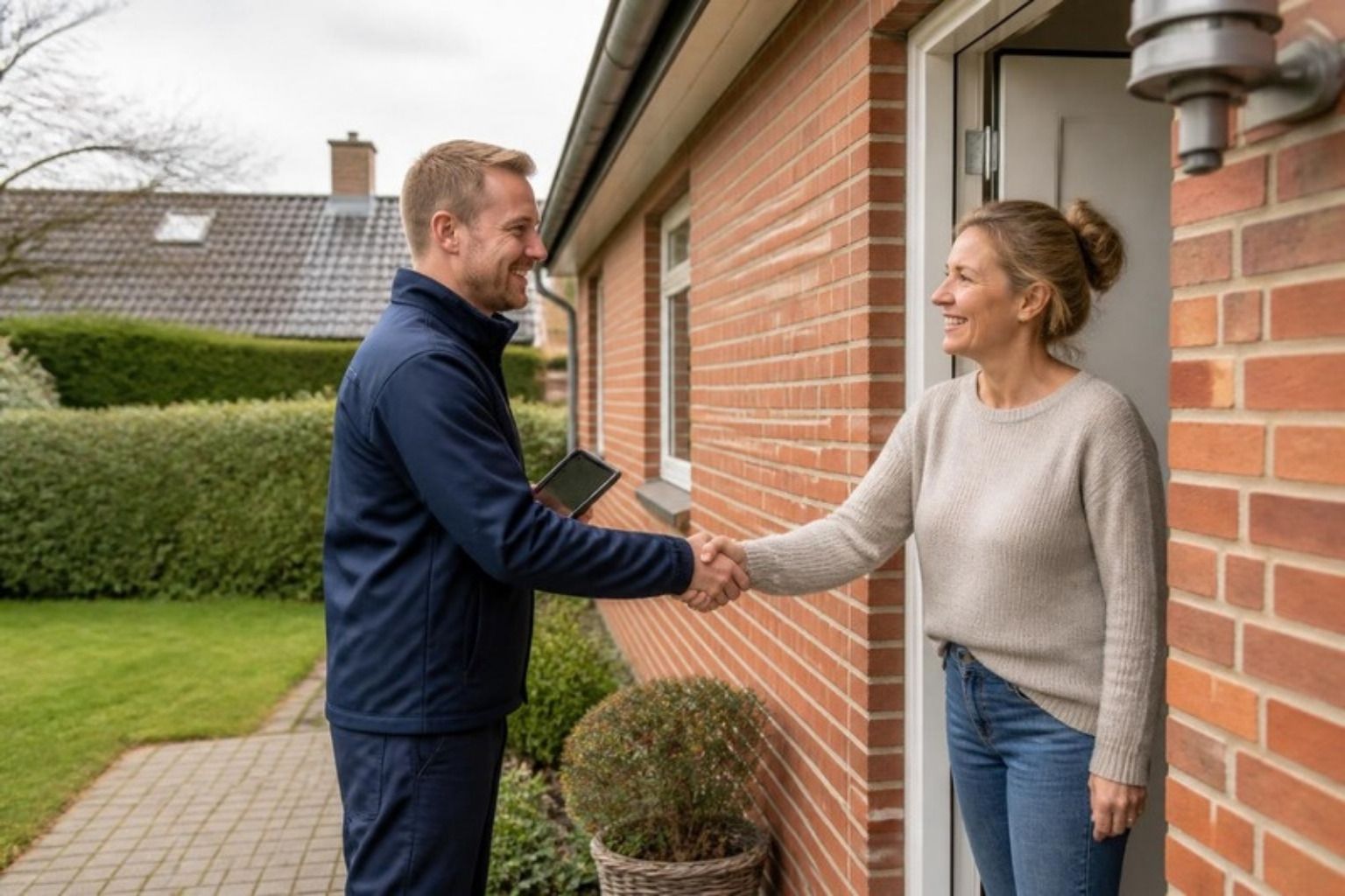 Servicemedarbejder giver hånd til husejer ved hoveddøren til et rødt teglhus